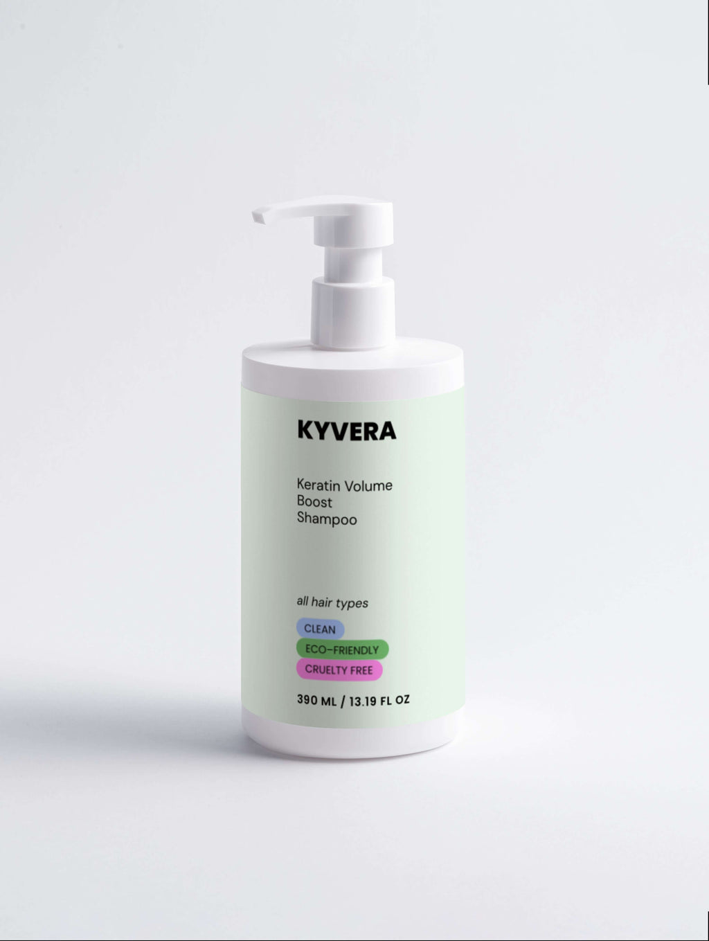 Keratin Volume Shampoo bottle showcasing clean, eco-friendly formula for thicker-looking hair in 390 mL size.