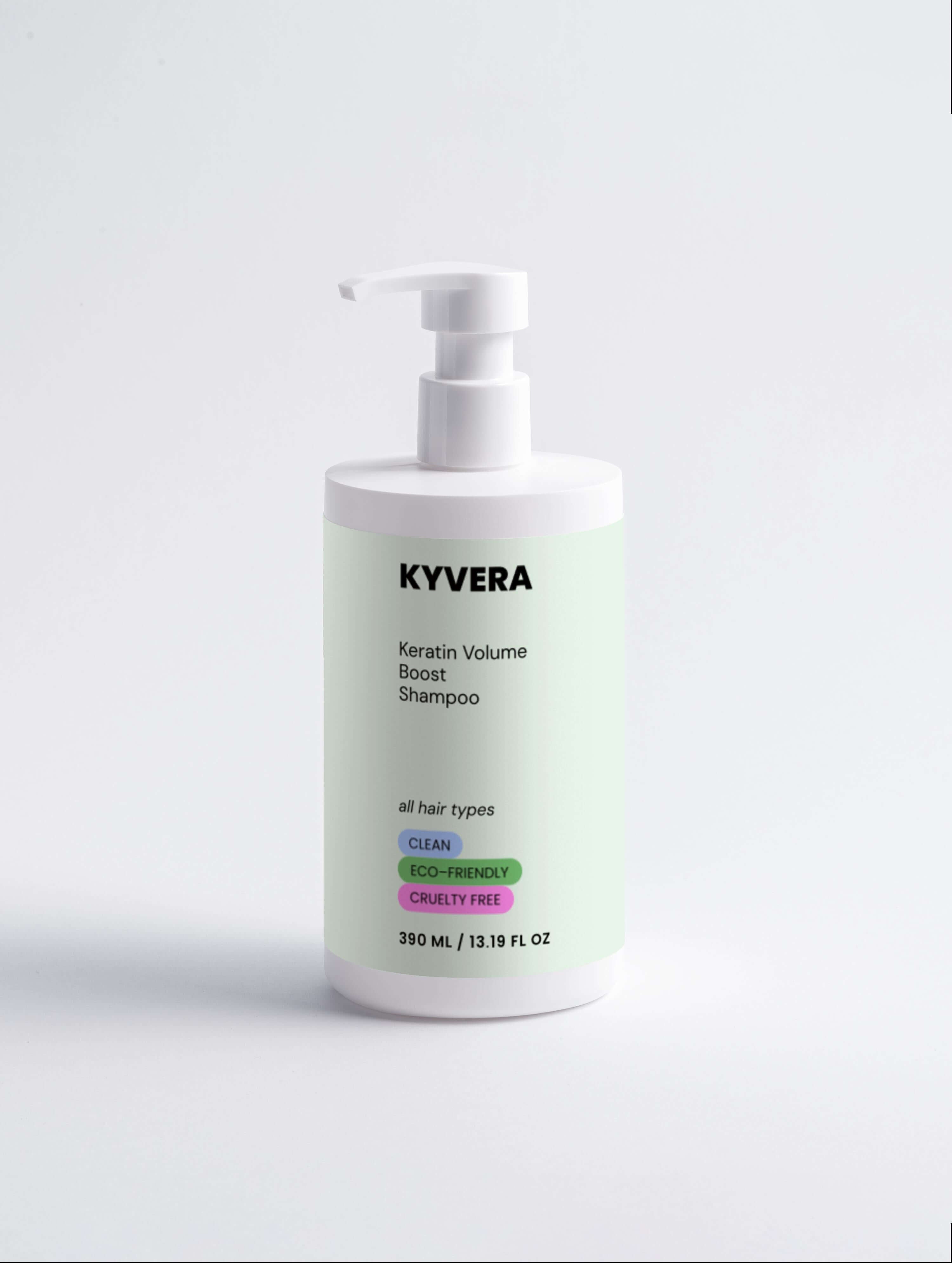 Keratin Volume Shampoo bottle showcasing clean, eco-friendly formula for thicker-looking hair in 390 mL size.