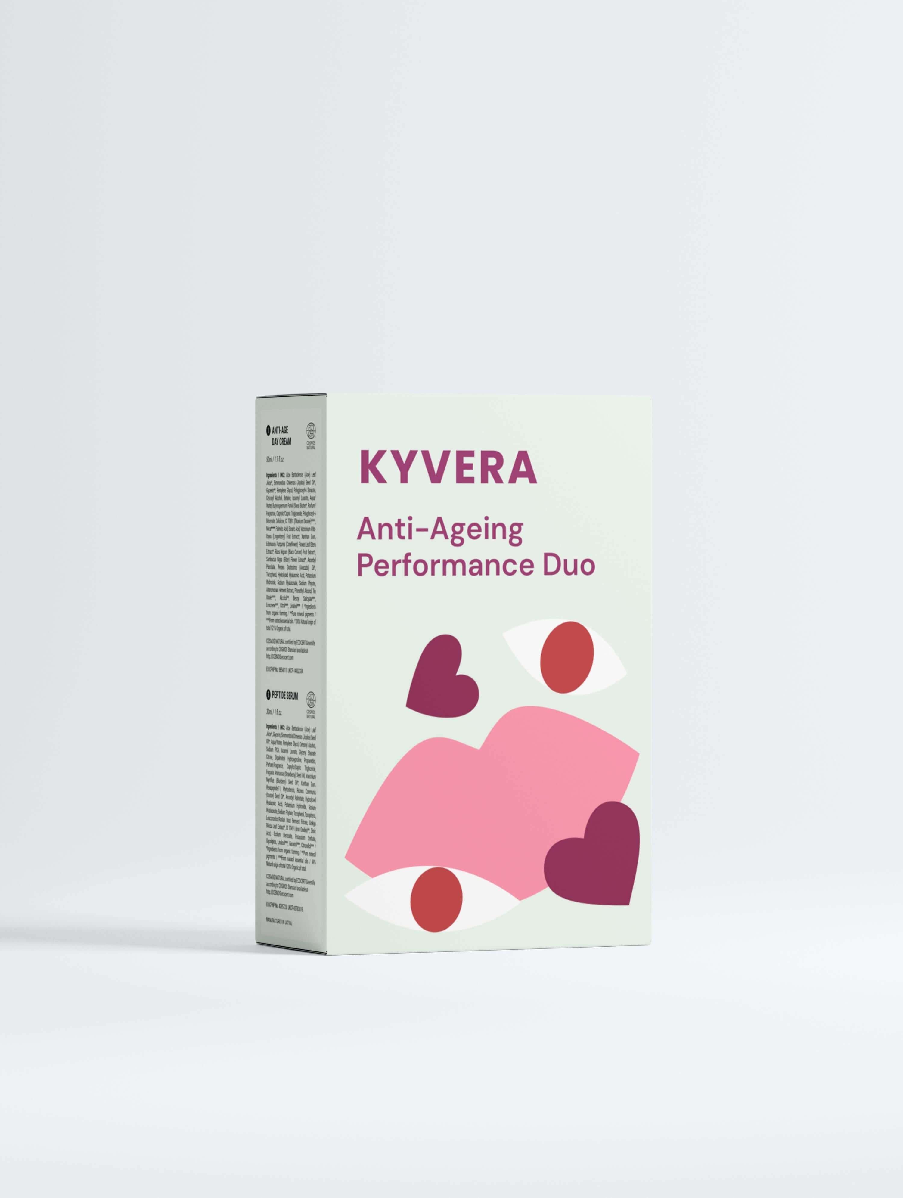 Kyvera Anti Age Performance Duo packaging showcasing anti-aging skincare benefits.