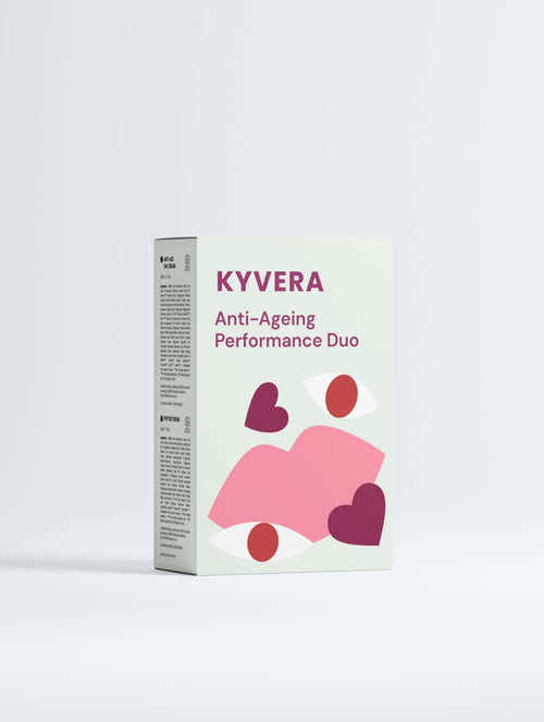 Kyvera Anti Age Performance Duo packaging showcasing anti-aging skincare benefits.