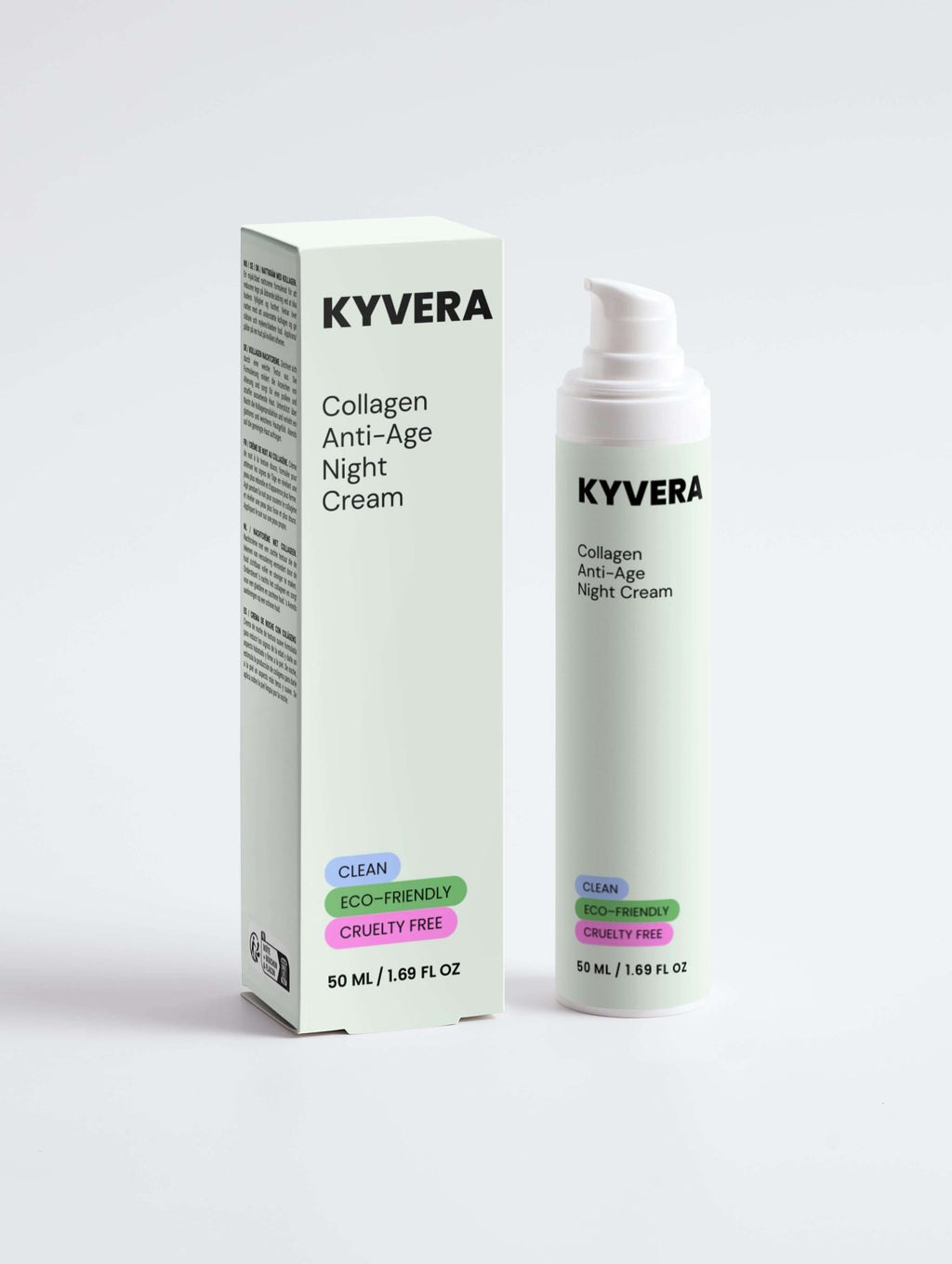 KYVERA Collagen Anti-Age Night Cream in a bottle with clean, eco-friendly, cruelty-free labels.