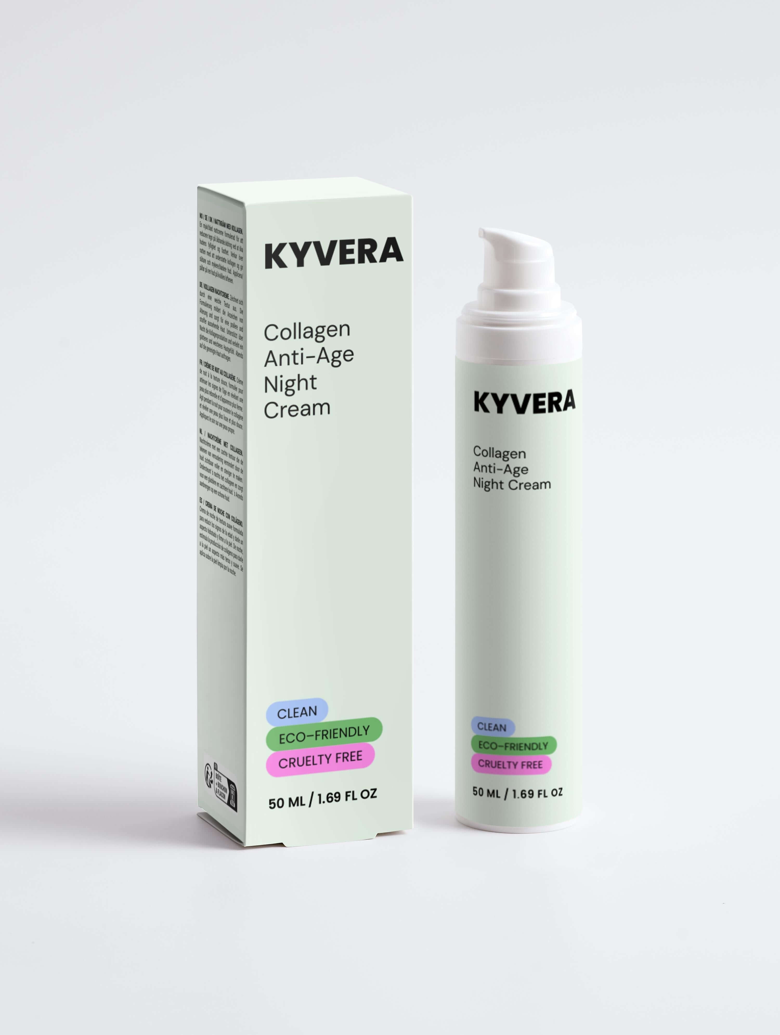 KYVERA Collagen Anti-Age Night Cream in a bottle with clean, eco-friendly, cruelty-free labels.