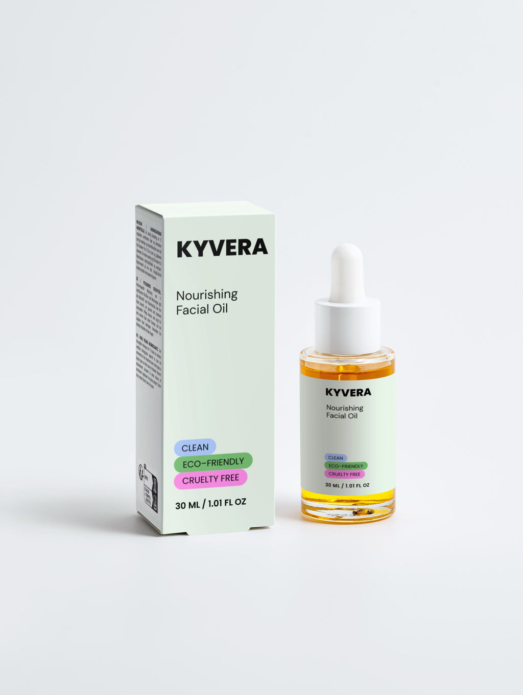 KYVERA Nourishing Facial Oil in a dropper bottle with eco-friendly packaging, perfect for hydration and skin repair.