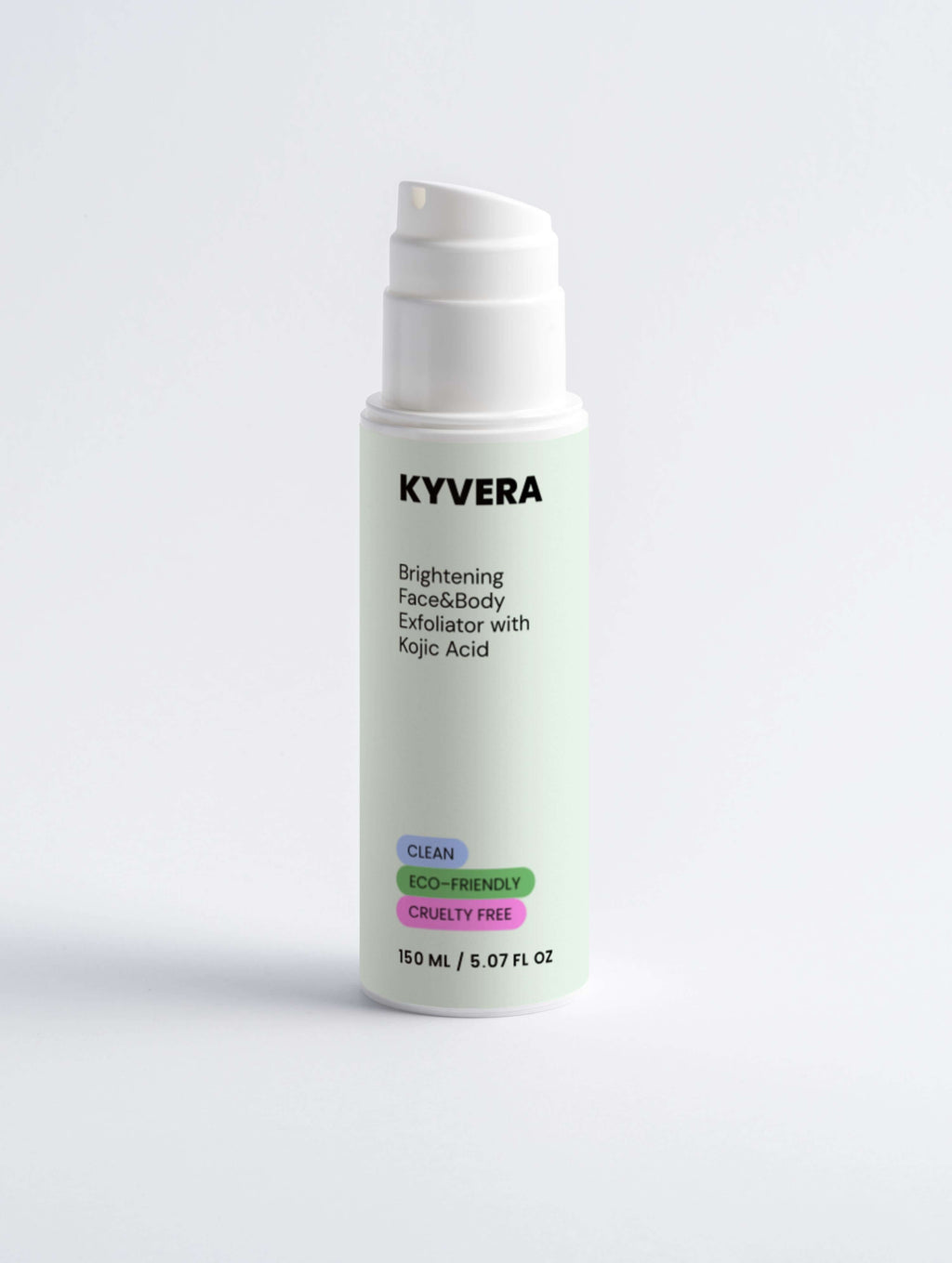 Kojic Acid Body&Face Exfoliator by KYVERA, 150 mL bottle for brightening skin tone and removing dark spots.