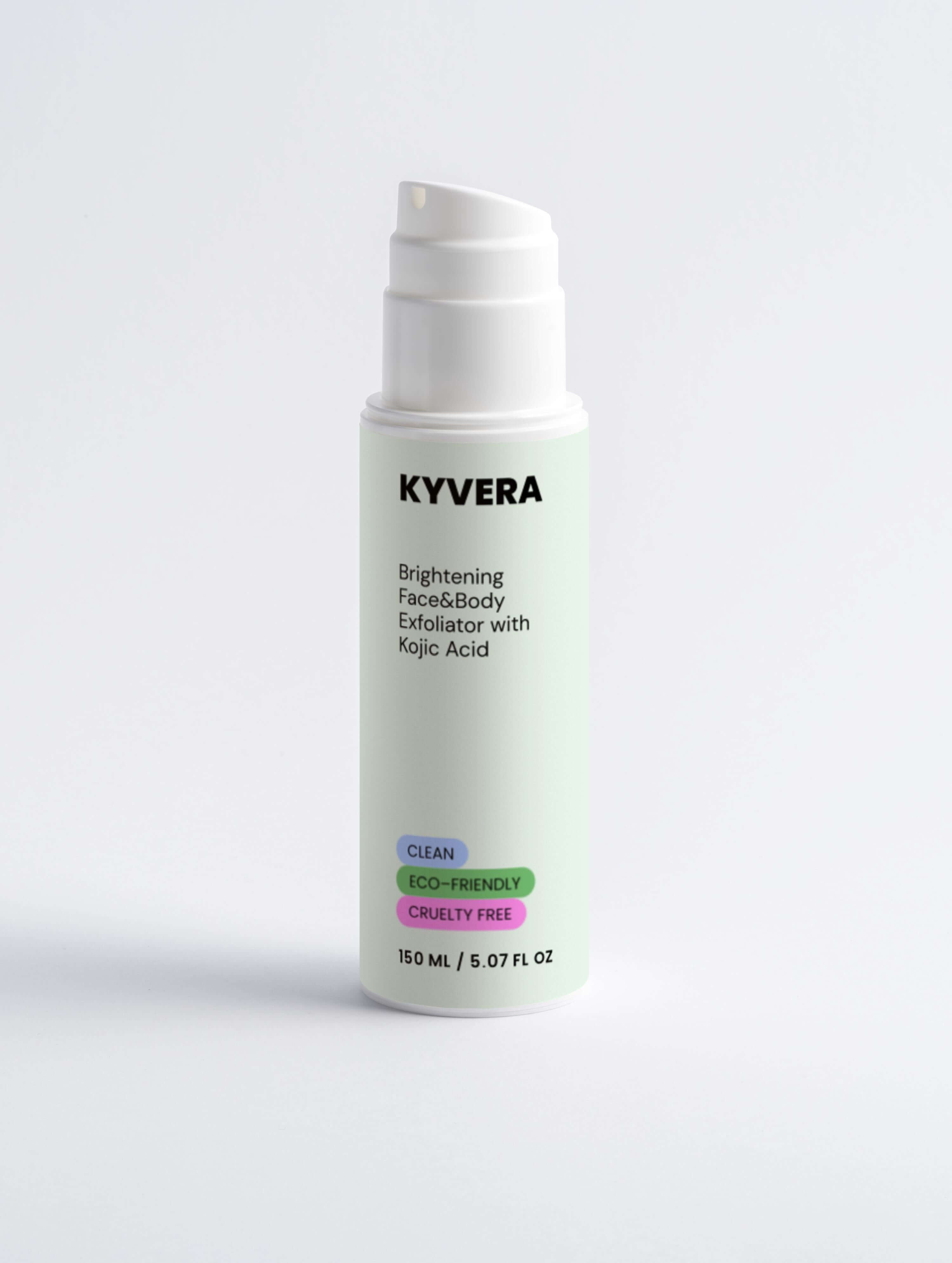 Kojic Acid Body&Face Exfoliator by KYVERA, 150 mL bottle for brightening skin tone and removing dark spots.
