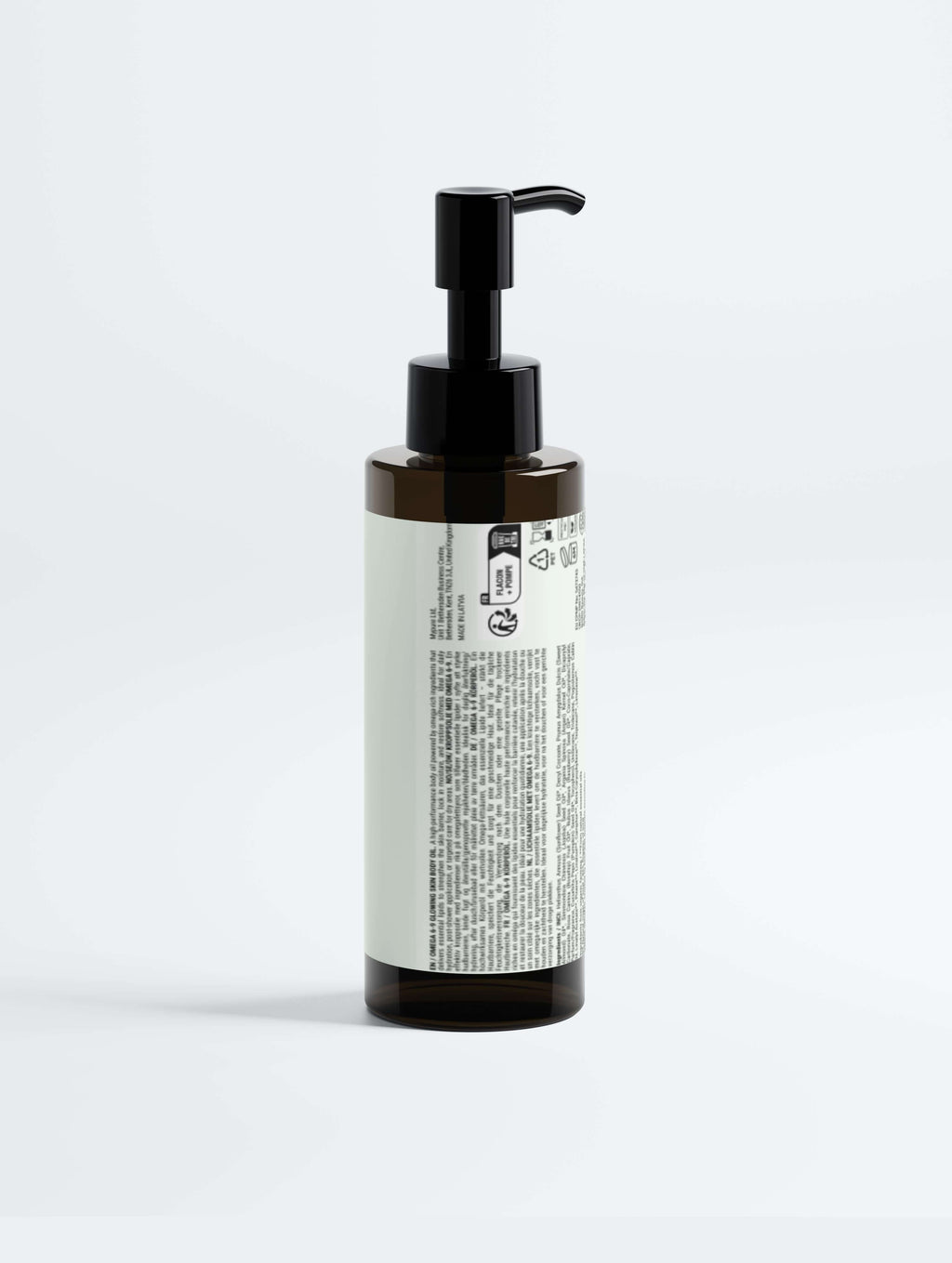 Omega 6-9 Glowing Skin Body Oil in a pump bottle, showcasing the product label and ingredients for nourishing skin.