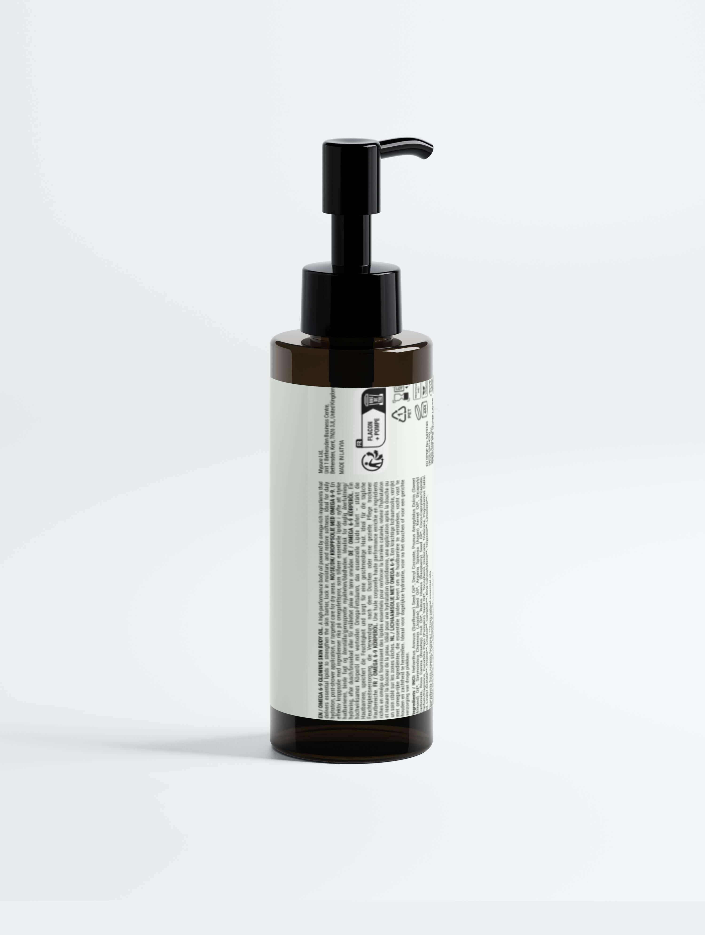 Omega 6-9 Glowing Skin Body Oil in a pump bottle, showcasing the product label and ingredients for nourishing skin.