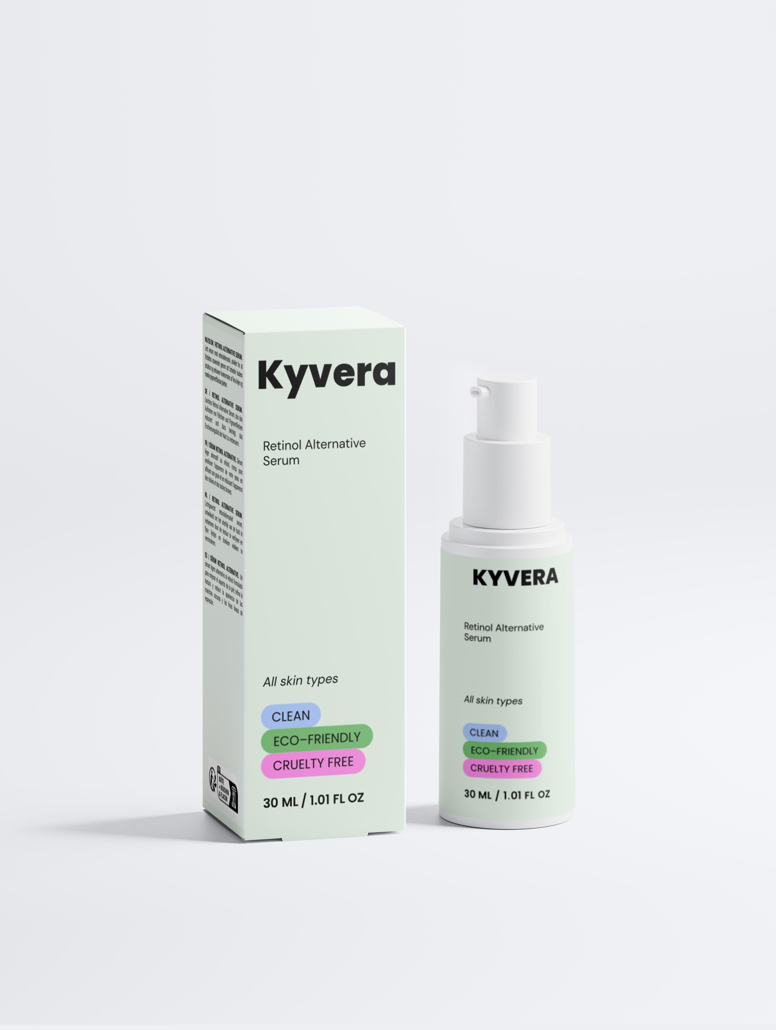 Kyvera Retinol Face Serum bottle and box for all skin types, promoting a radiant complexion with clean ingredients.