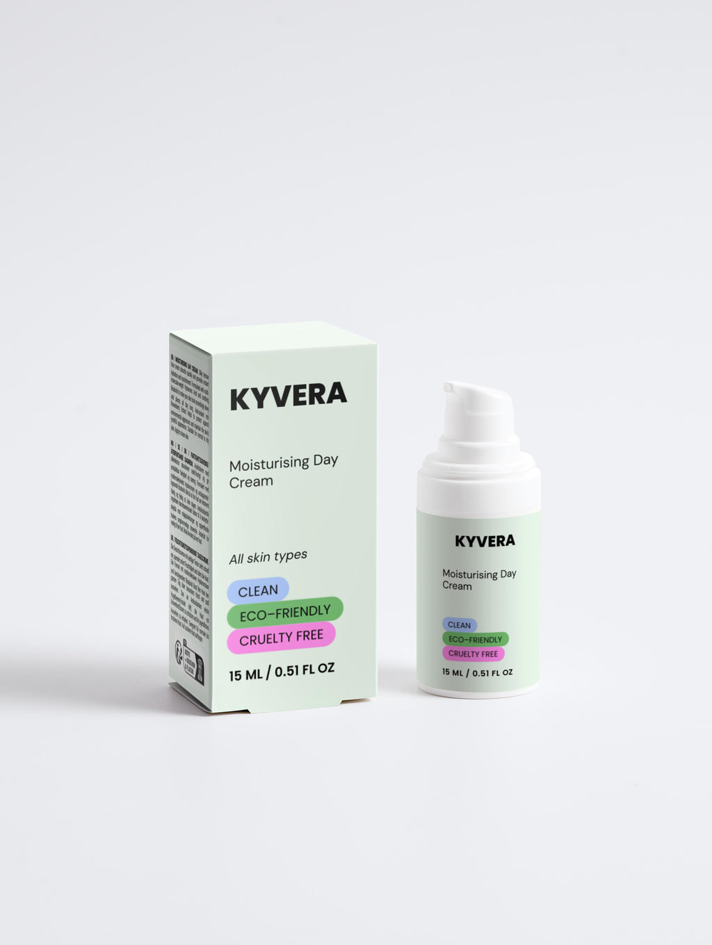Moisturising Day Cream with pump bottle and box packaging for all skin types and eco-friendly.