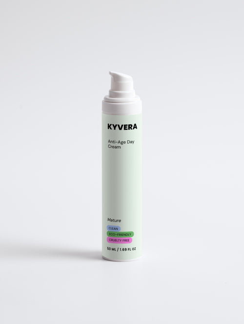 KYVERA Anti-Age Day Cream bottle for mature skin, promoting firmness and hydration.
