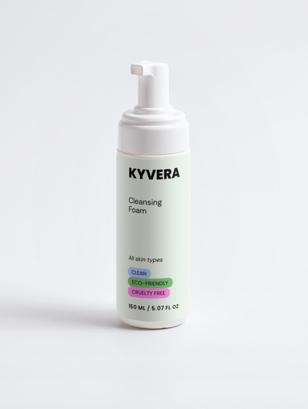 Cleansing Foam from Kyvera in a sleek bottle, ideal for all skin types, eco-friendly and cruelty-free.