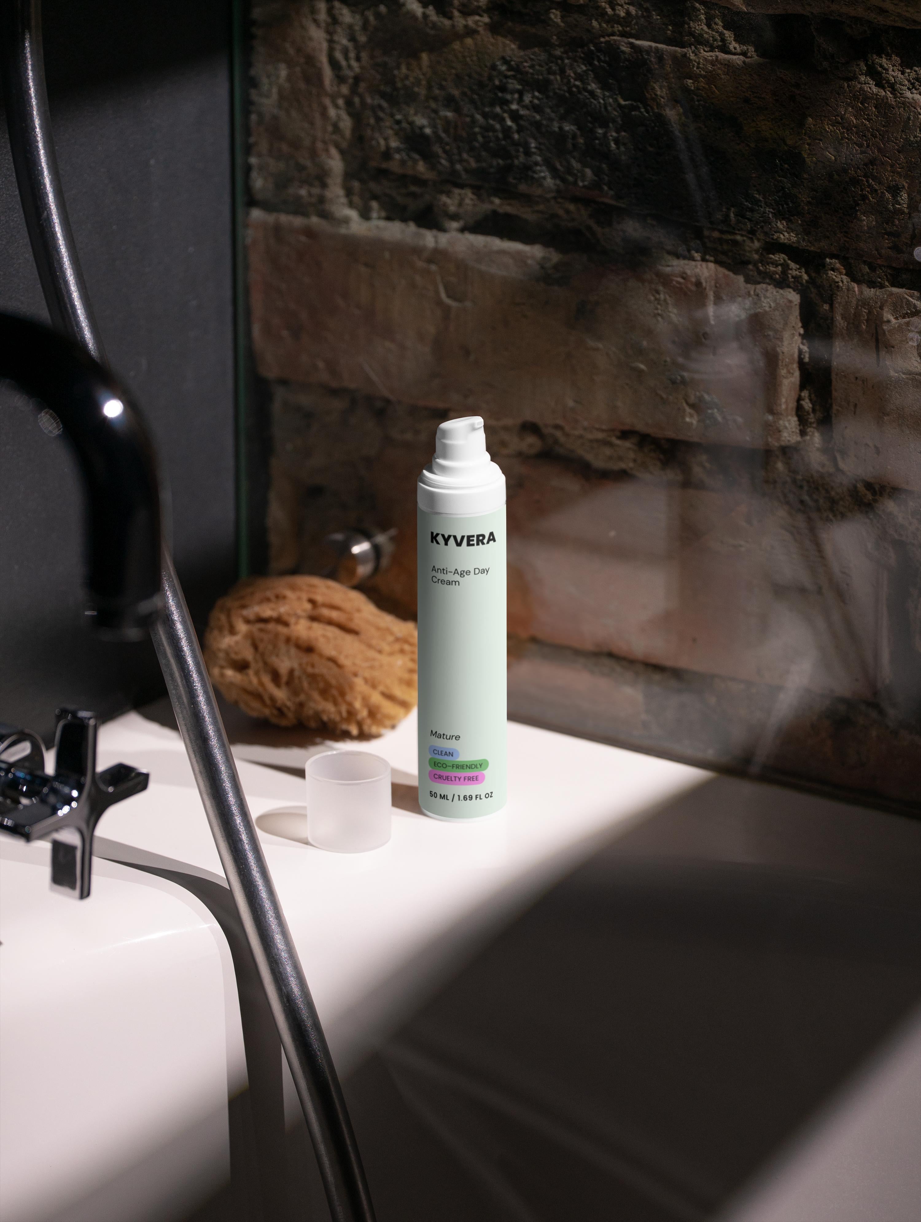 Anti-Age Day Cream on a bathroom countertop next to a natural sponge, showcasing its hydrating benefits.