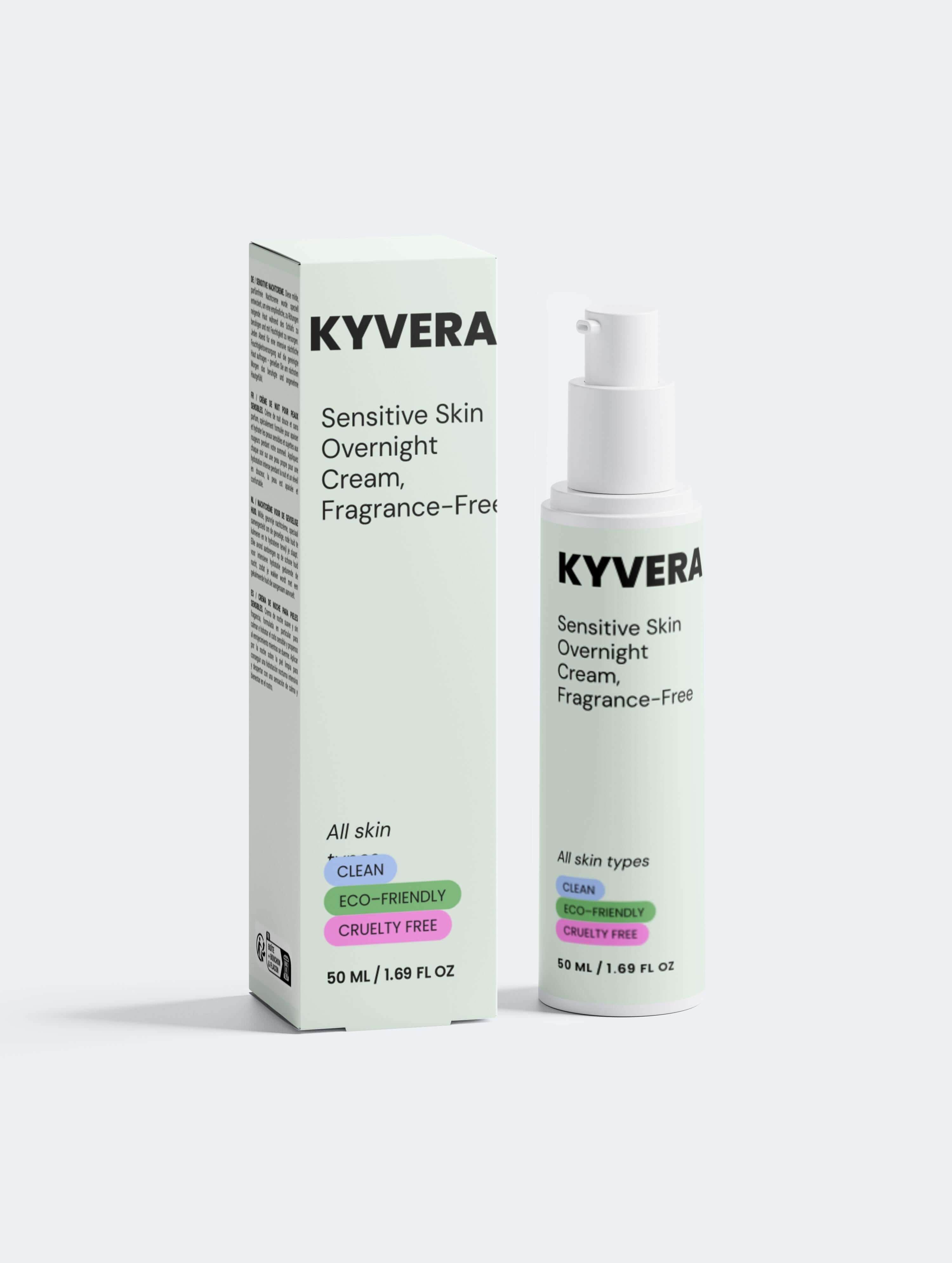 Sensitive Skin Cream in a stylish bottle with a box, designed for calming sensitive skin at night.