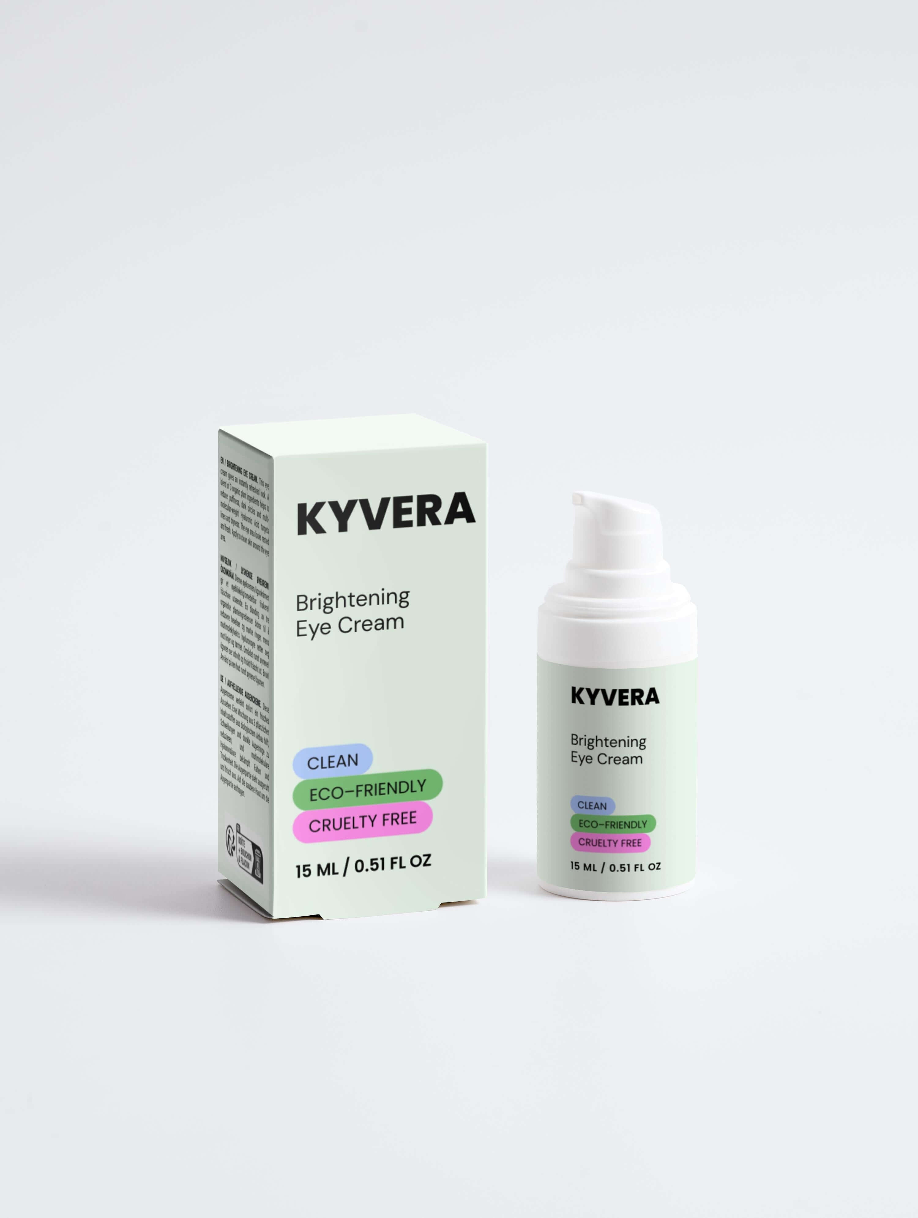 KYVERA Brightening Eye Cream bottle and box with eco-friendly label, showcasing clean ingredients and cruelty-free commitment.