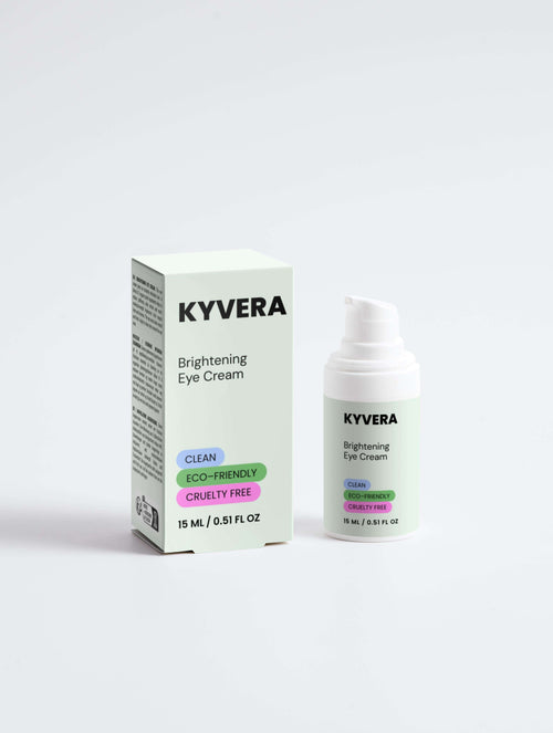 KYVERA Brightening Eye Cream bottle and box with eco-friendly label, showcasing clean ingredients and cruelty-free commitment.