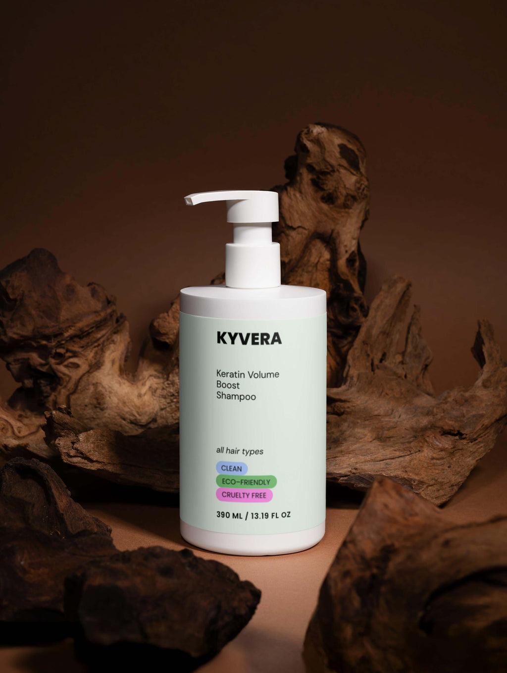 Keratin Volume Shampoo bottle on wooden surface, designed for fuller and thicker-looking hair.
