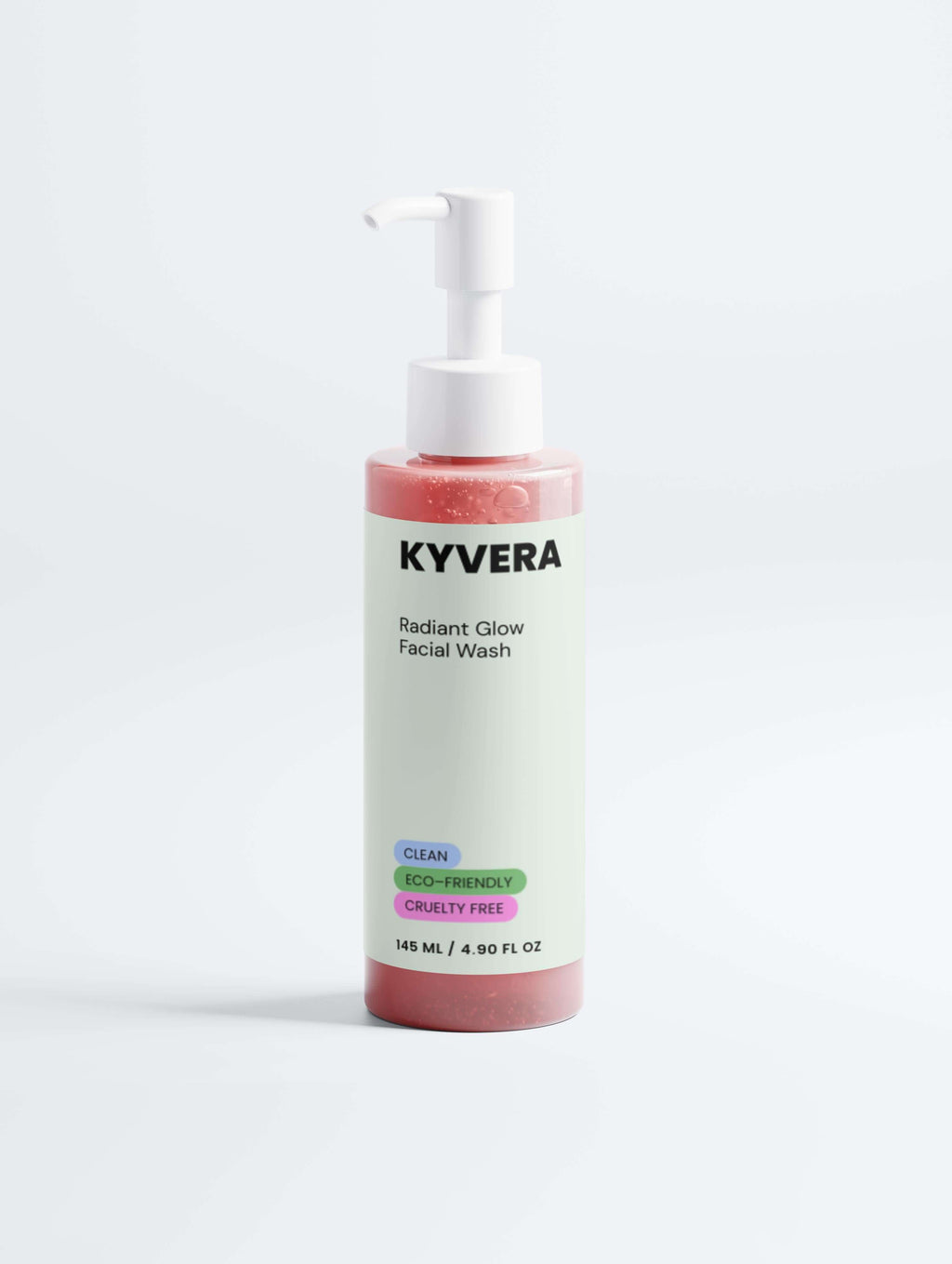 KYVERA Radiant Glow Face Wash bottle with pump, eco-friendly and cruelty-free skincare formula.