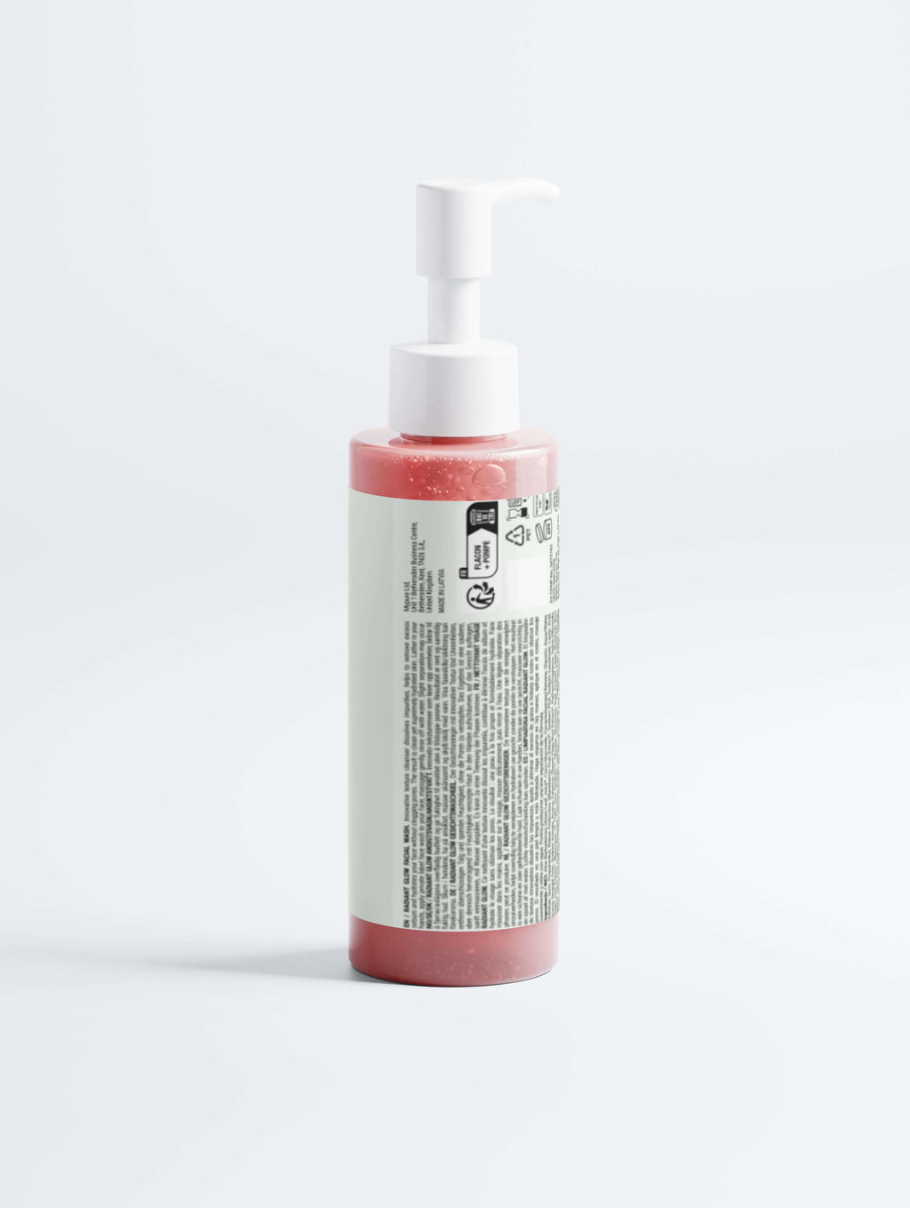 Radiant glow face wash bottle with pump, featuring a deep clean and glow boost formula for refreshing skin.