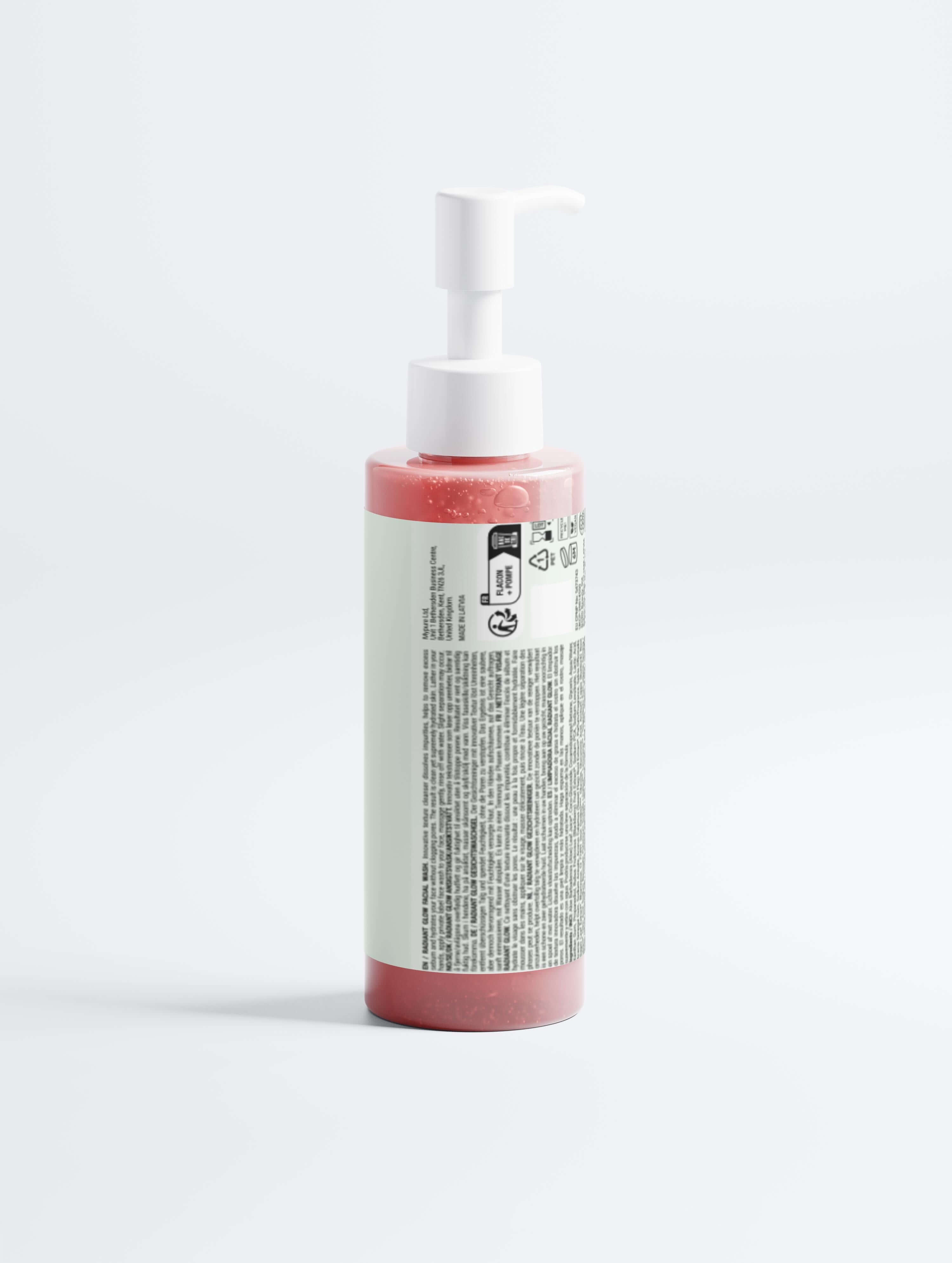 Radiant glow face wash bottle with pump, featuring a deep clean and glow boost formula for refreshing skin.