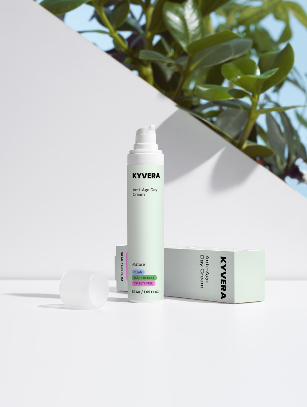 Kyvera Anti-Age Day Cream for wrinkles, firmness, and daily hydration displayed with packaging and a blurred plant background.