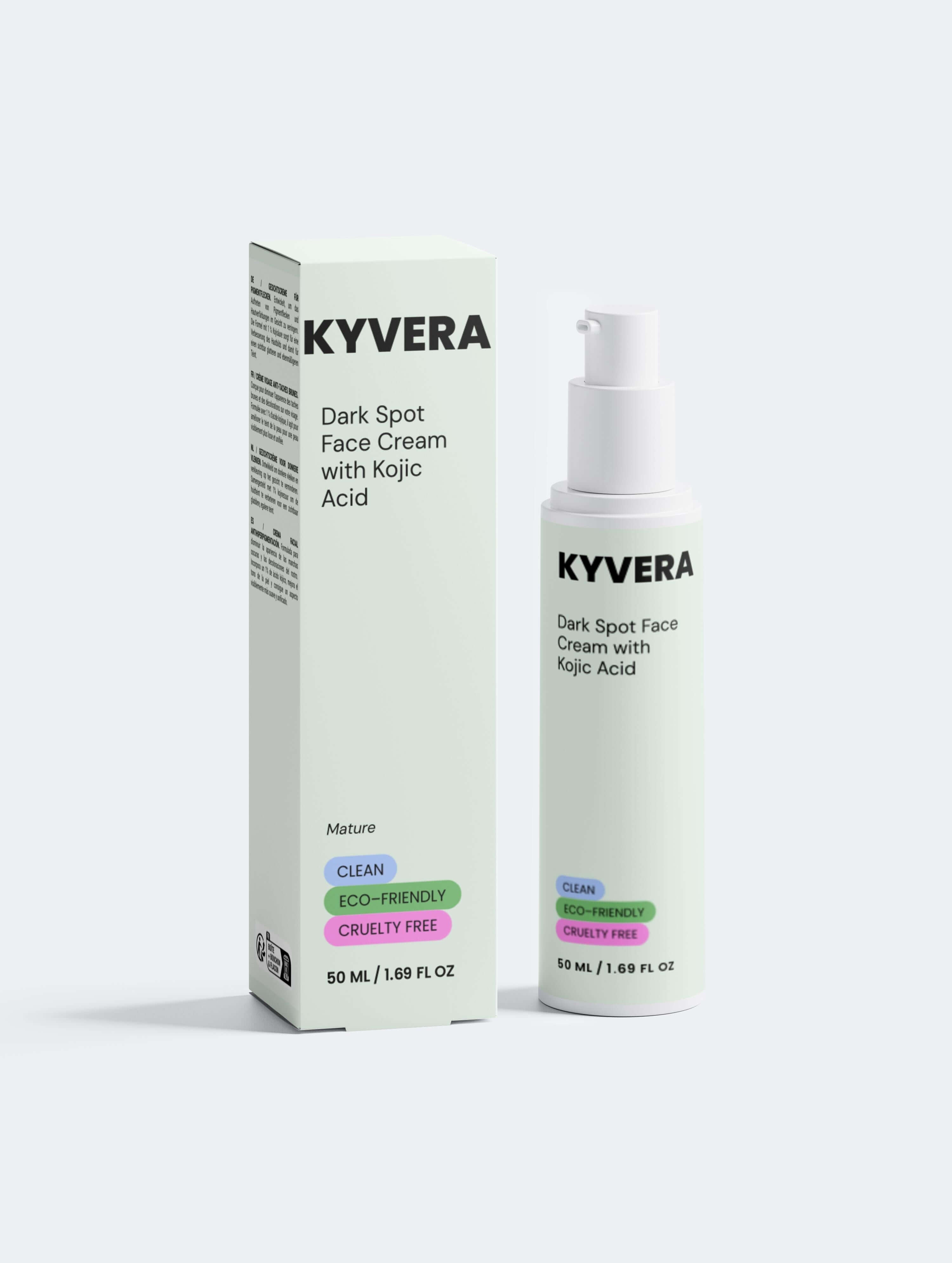 Face cream for dark spots in a pump bottle, featuring kojic acid for brightening dark spots and restoring glow.