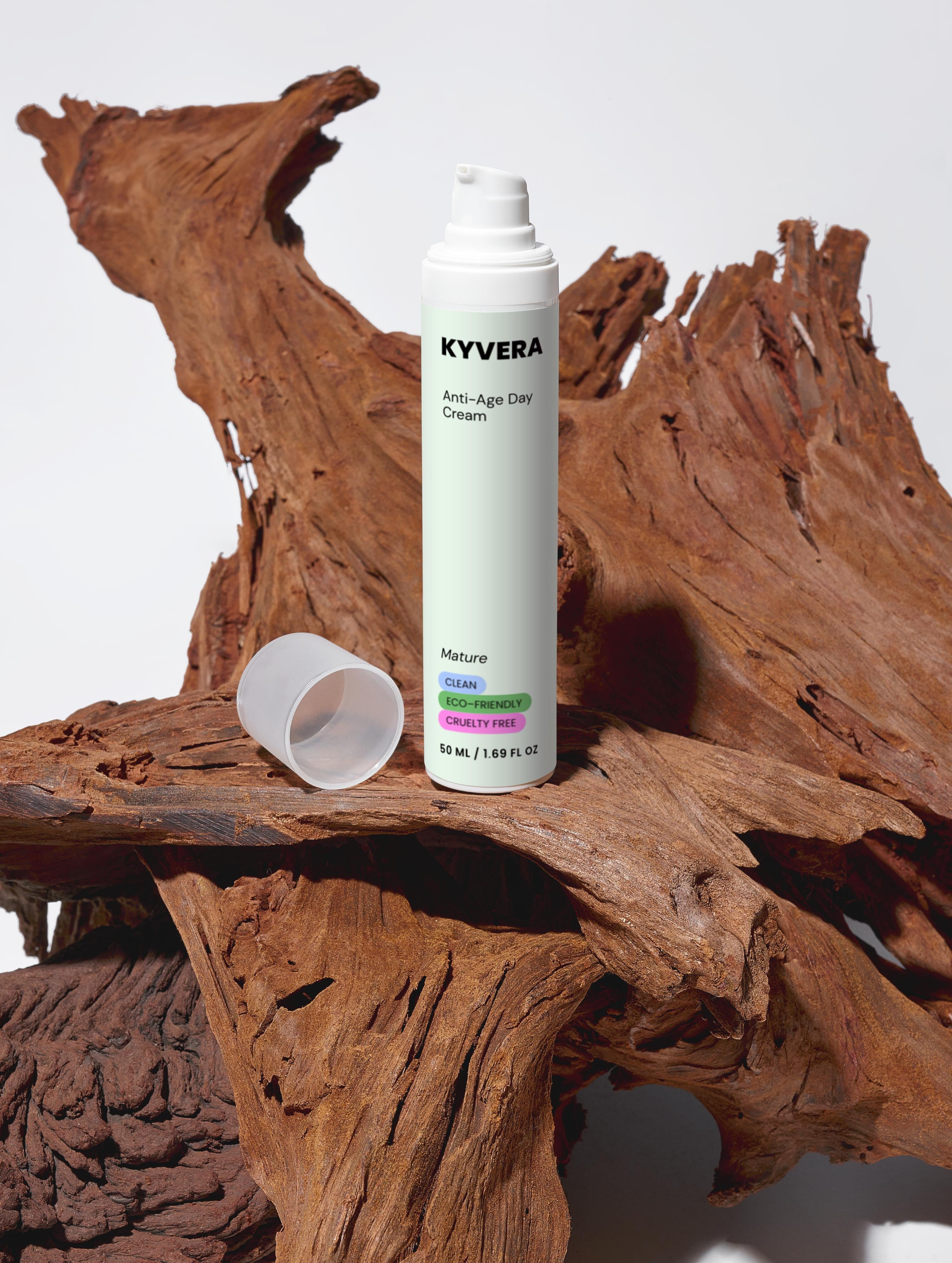 Anti-Age Day Cream by KYVERA displayed on natural wood, showcasing its velvety texture and innovative marine active ingredients.