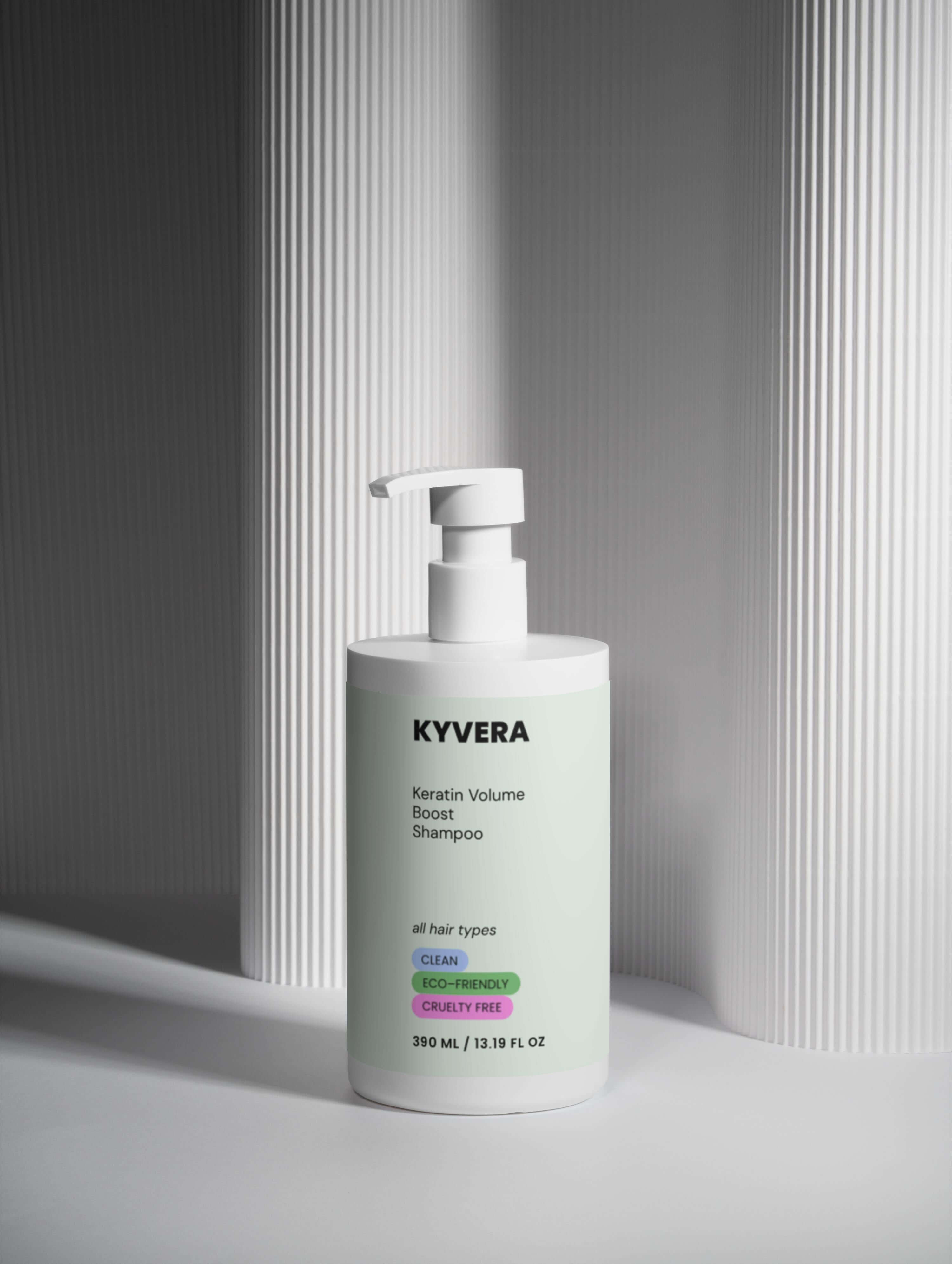 Keratin Volume Shampoo bottle by KYVERA, designed for fuller and thicker-looking hair, suitable for all hair types.