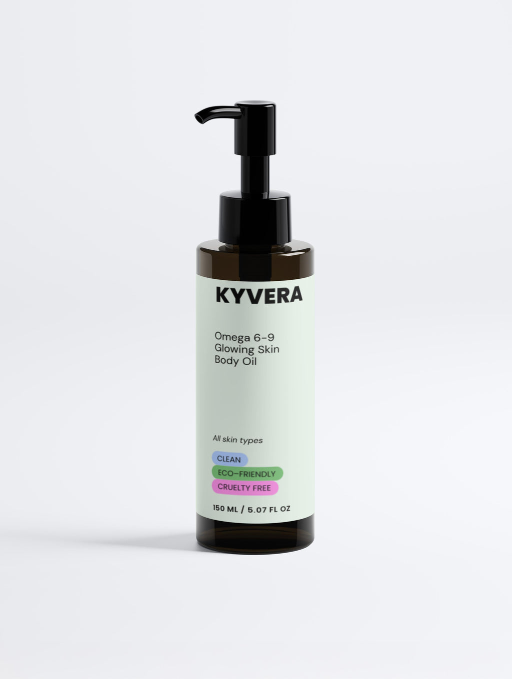 Omega 6-9 Glowing Skin Body Oil in a pump bottle with a clean, eco-friendly label for all skin types.