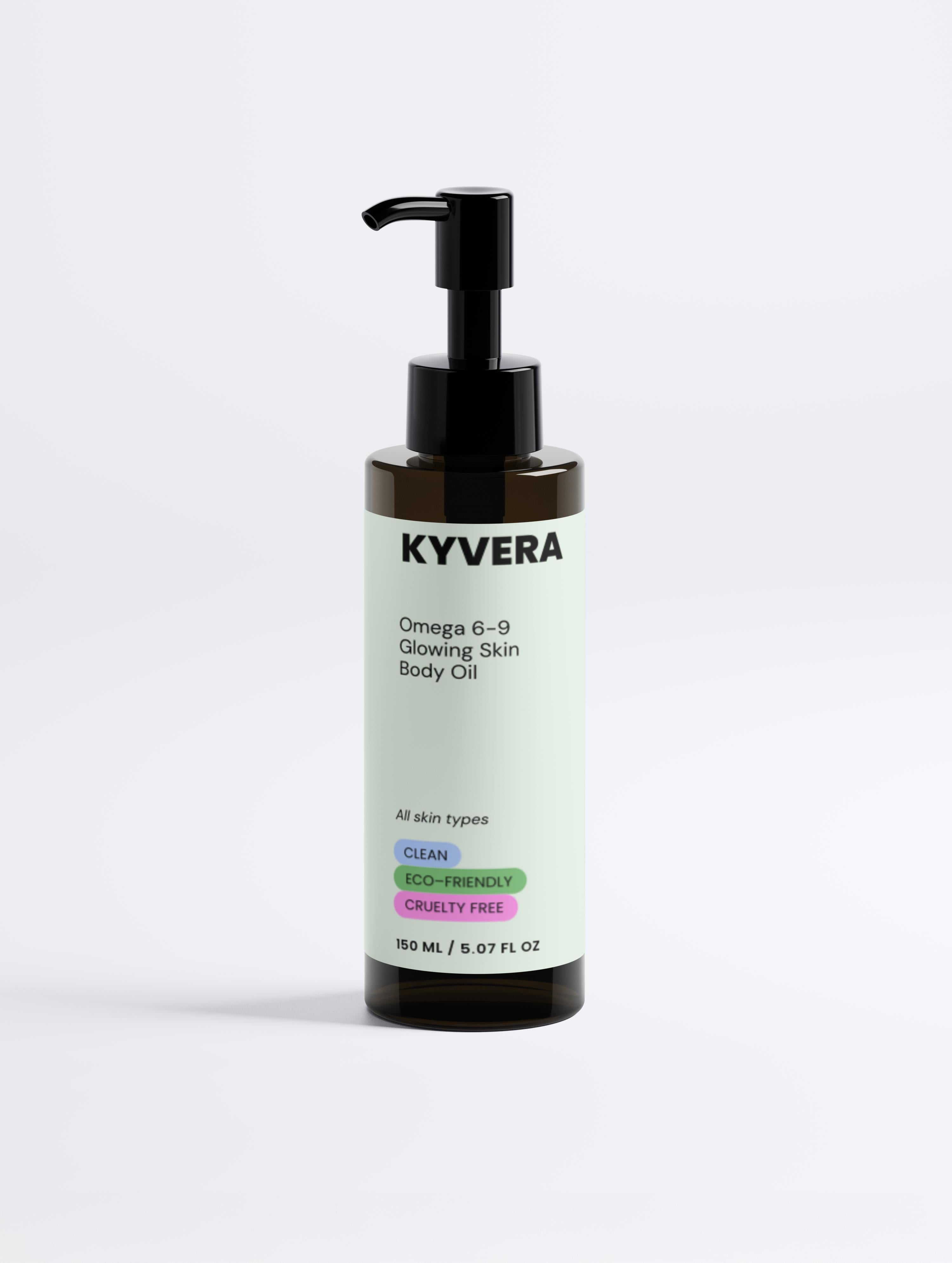Omega 6-9 Glowing Skin Body Oil in a pump bottle with a clean, eco-friendly label for all skin types.