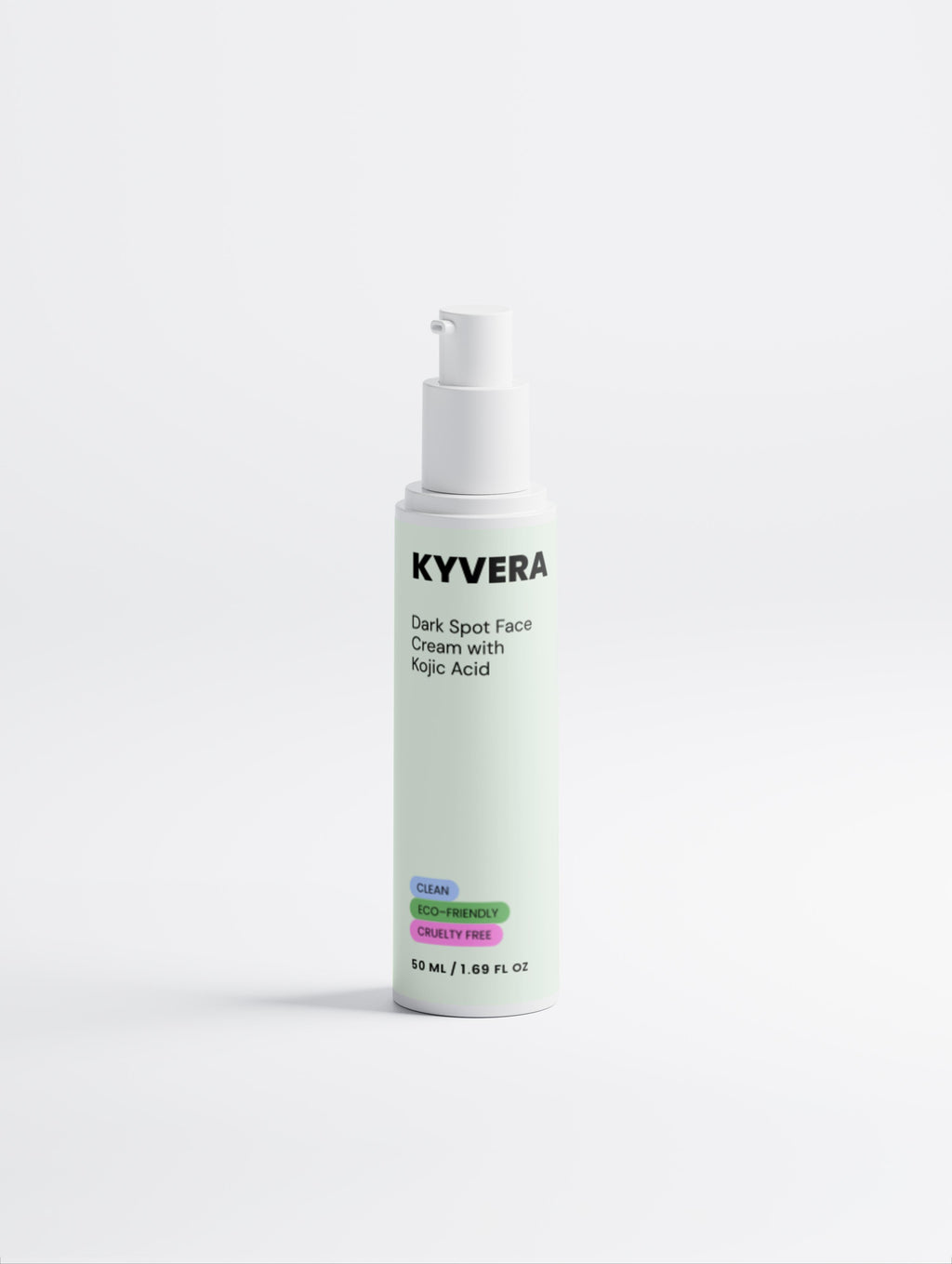 Face cream for dark spots in a pump bottle, formulated with kojic acid for skin brightening.
