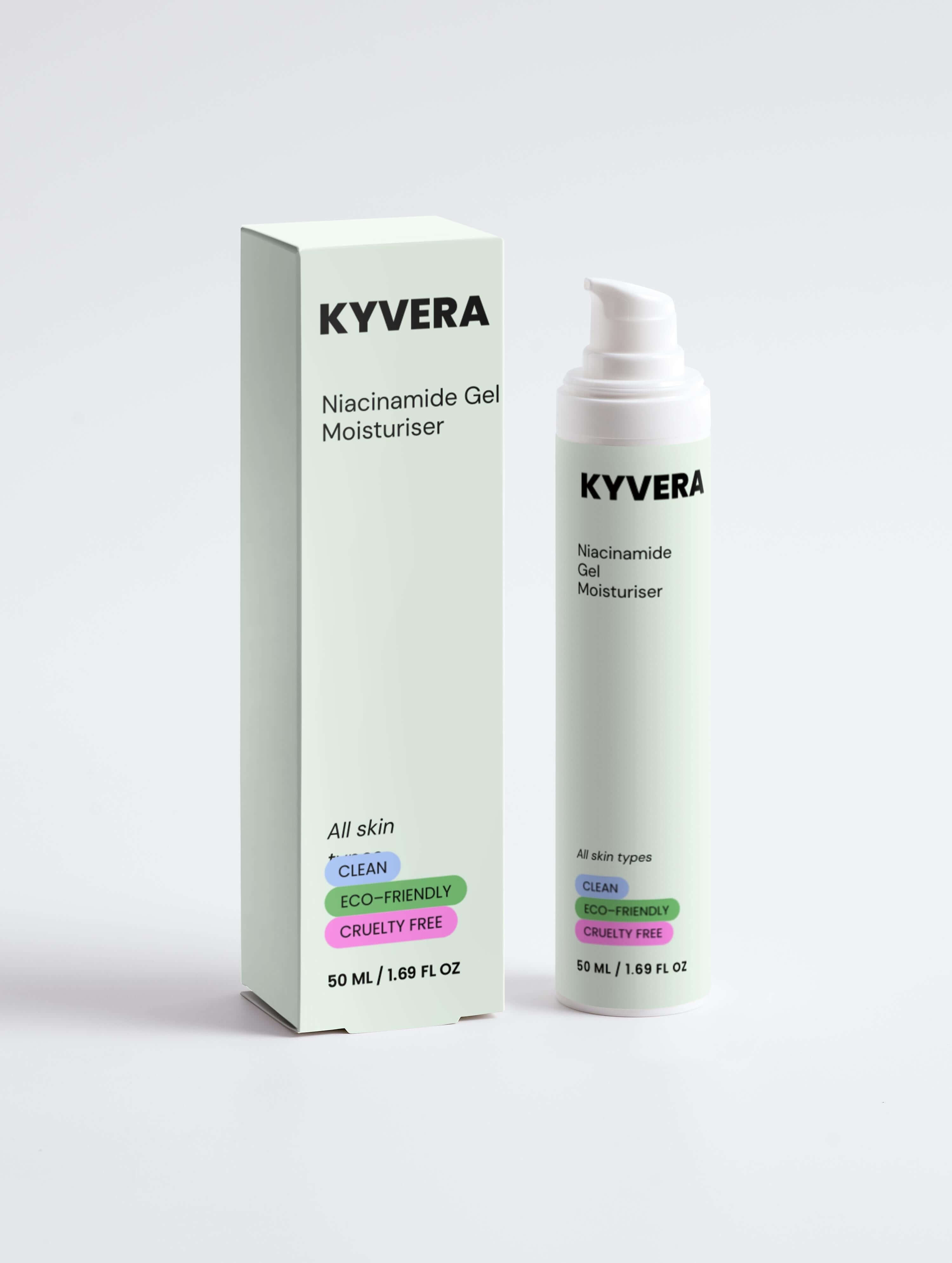 Niacinamide Gel Moisturizer by KYVERA in eco-friendly packaging for all skin types.