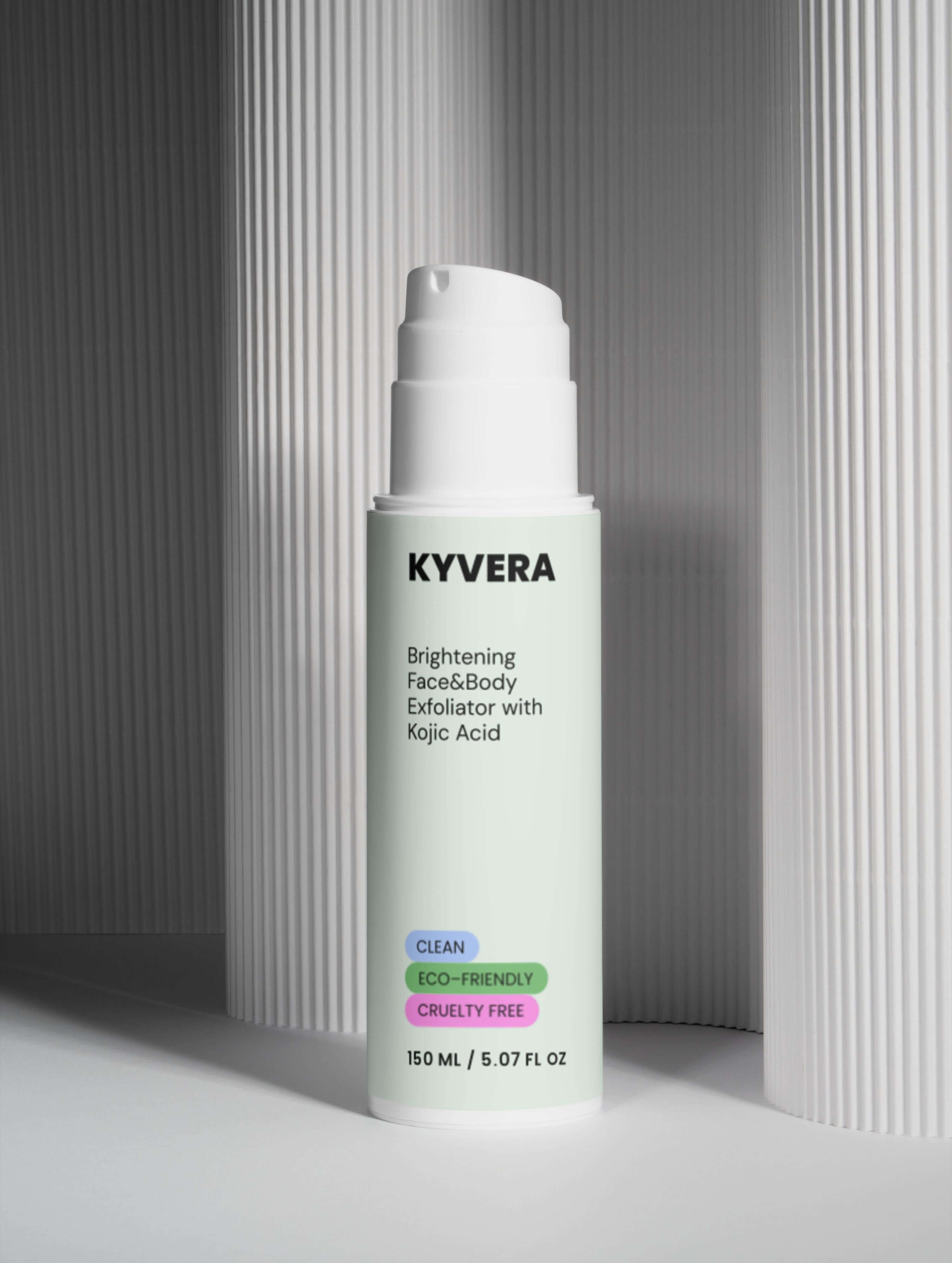 Kojic Acid Body&Face Exfoliator in sleek packaging, designed for brightening skin tone and reducing dark spots.