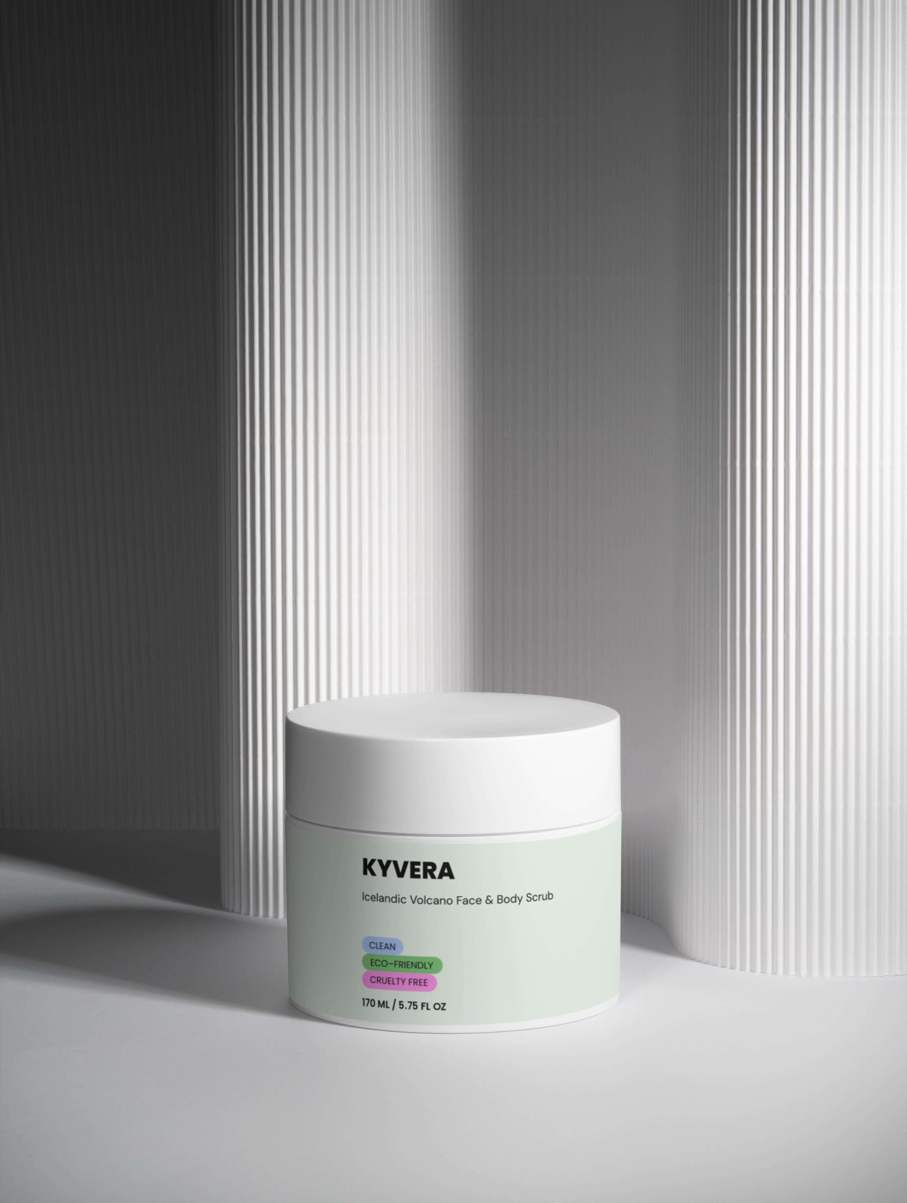 Icelandic Volcano Scrub product packaging on a minimalist surface, featuring its creamy exfoliating properties.