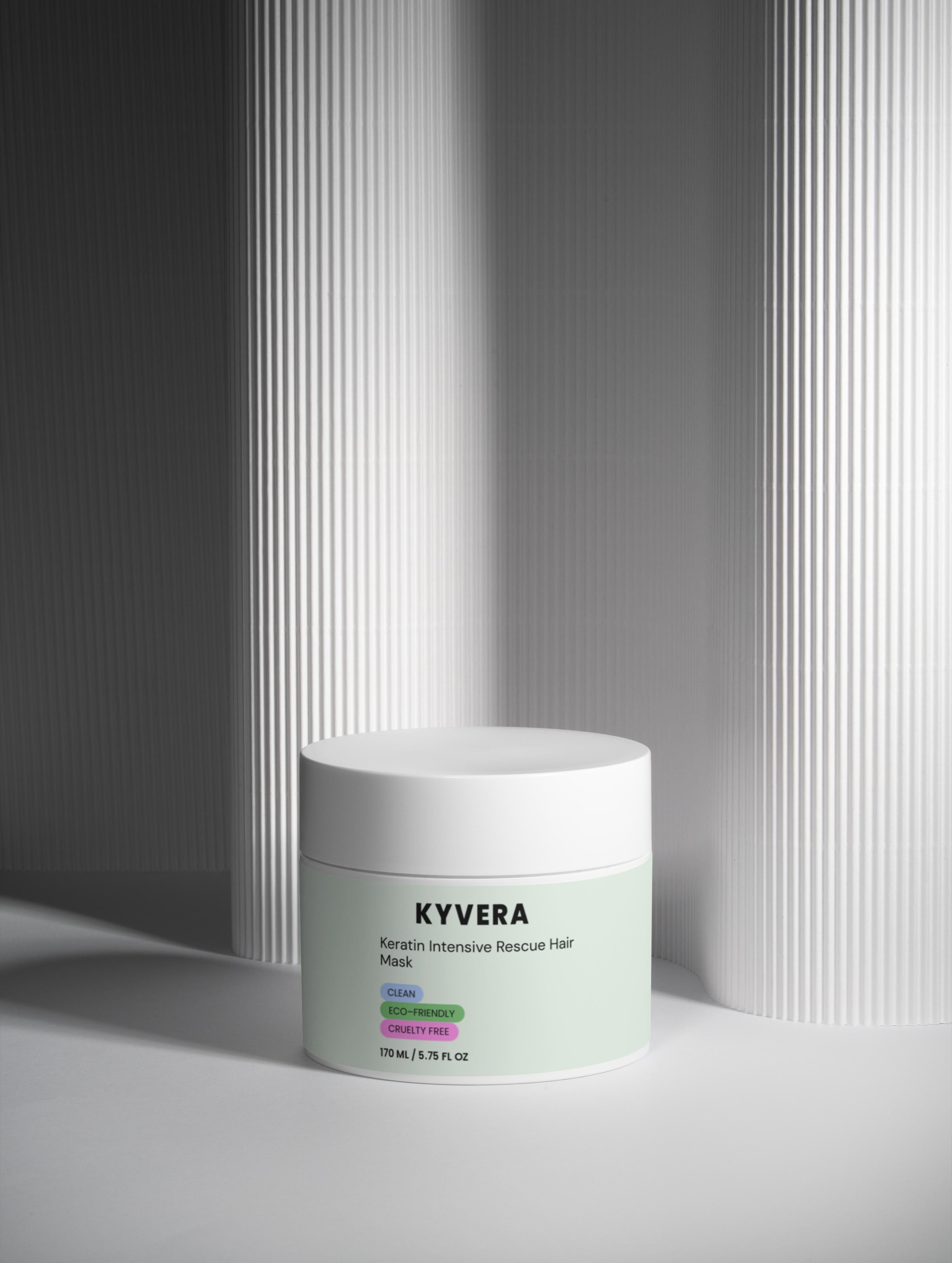Keratin Intensive Hair Mask by Kyvera in a sleek jar, designed for deep repair and strengthening treatment.