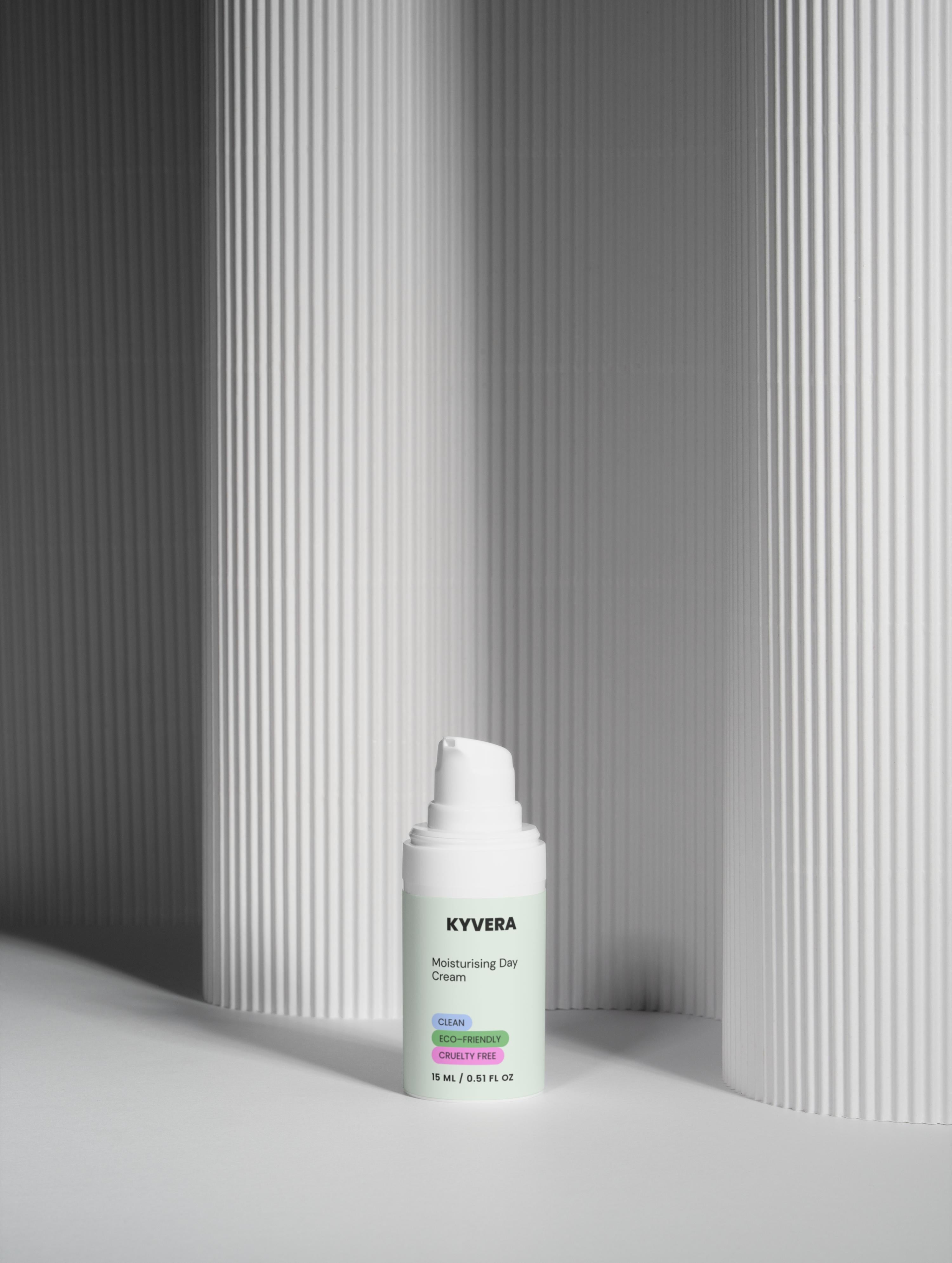 Moisturising Day Cream positioned against textured backdrop, showcasing its hydrating features and elegant design.