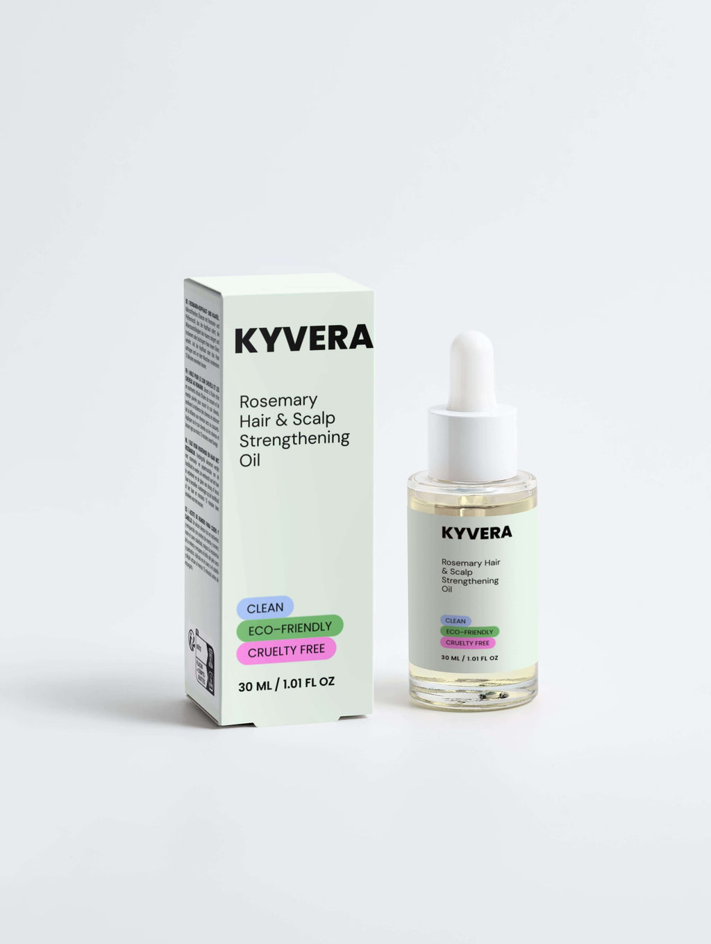 Rosemary Hair&Scalp Oil in a well-designed bottle with a dropper and packaging showcasing its eco-friendly features.